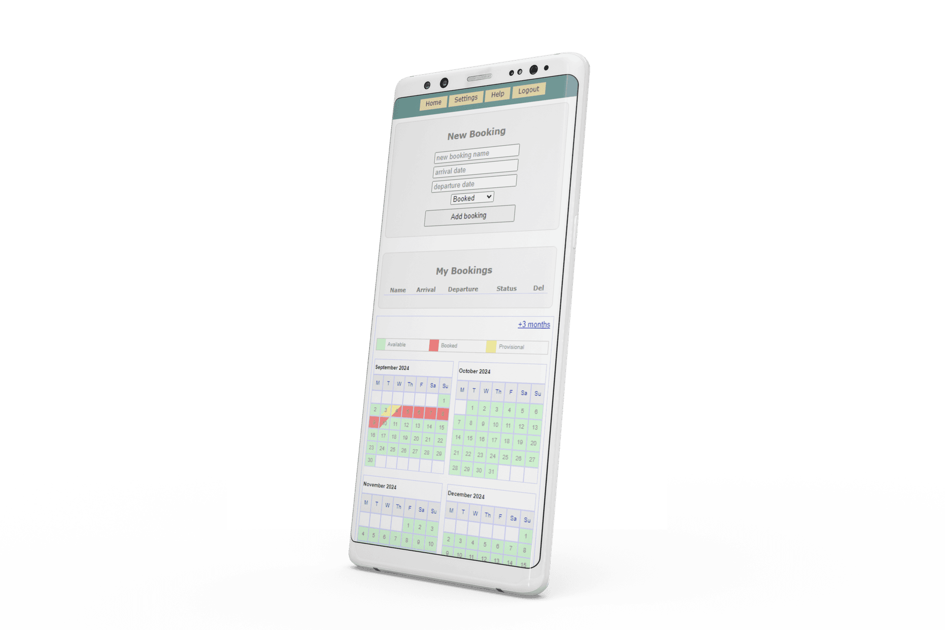 PIMS Calendar app showing a new booking form, my bookings list and an availability calendar grid on a phone