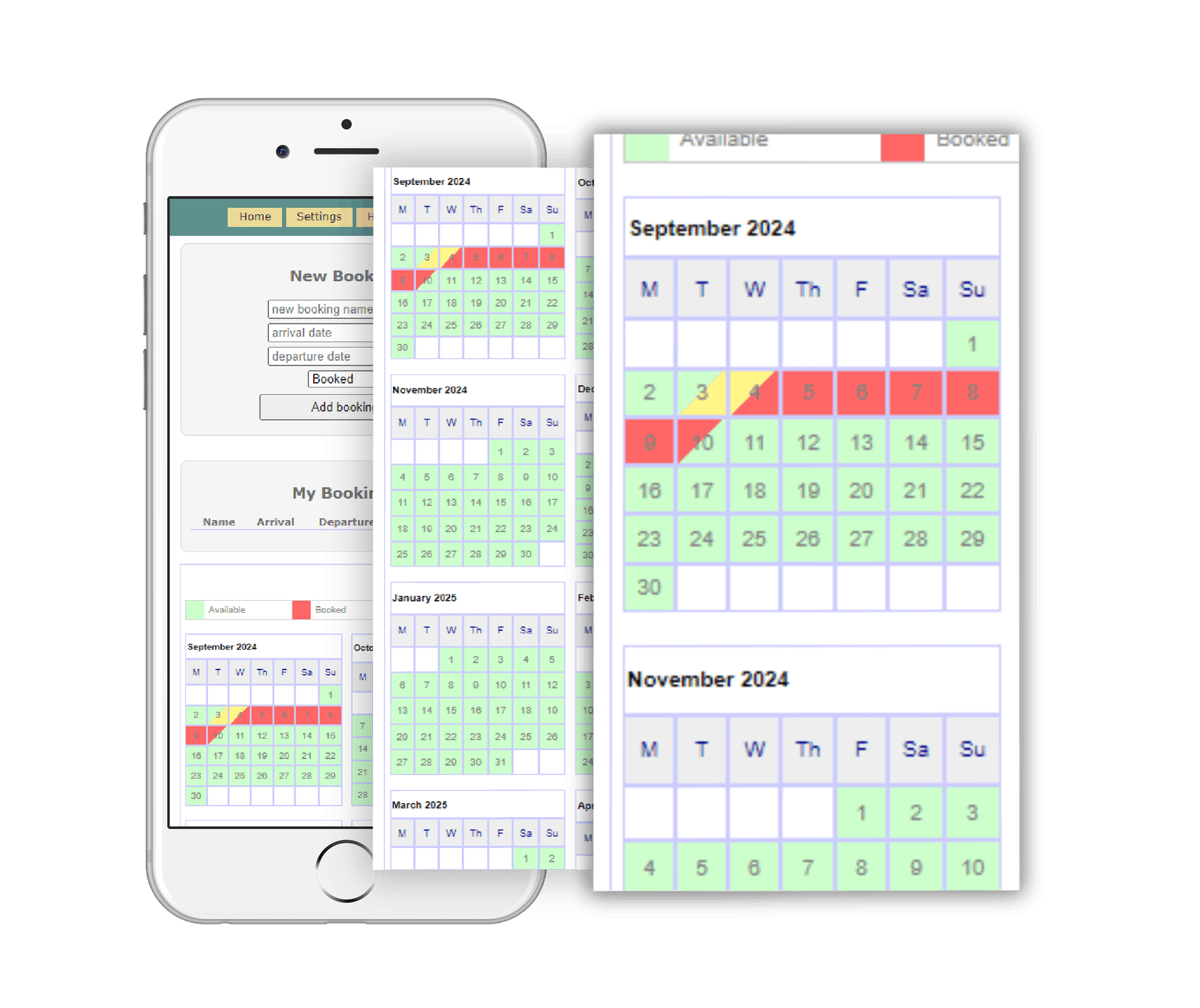 Multiple PIMS calendar and booking screens shown on phones